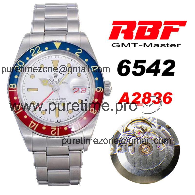 RBF GMT-Master II  6542 A2836 Automatic Watch Pepsi Plexiglas Beze White Dial Stainless Steel Bracelet Best Edition