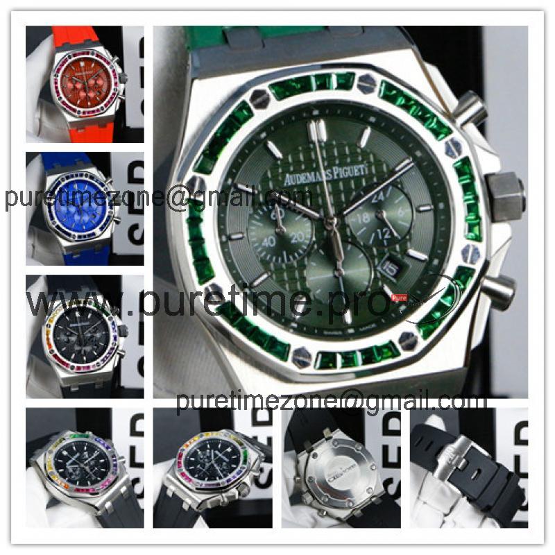 Replica  Royal Oak  Japan Quartz chronograph Movement Mens Watch Green  Dial Rubber Strap  A  E131