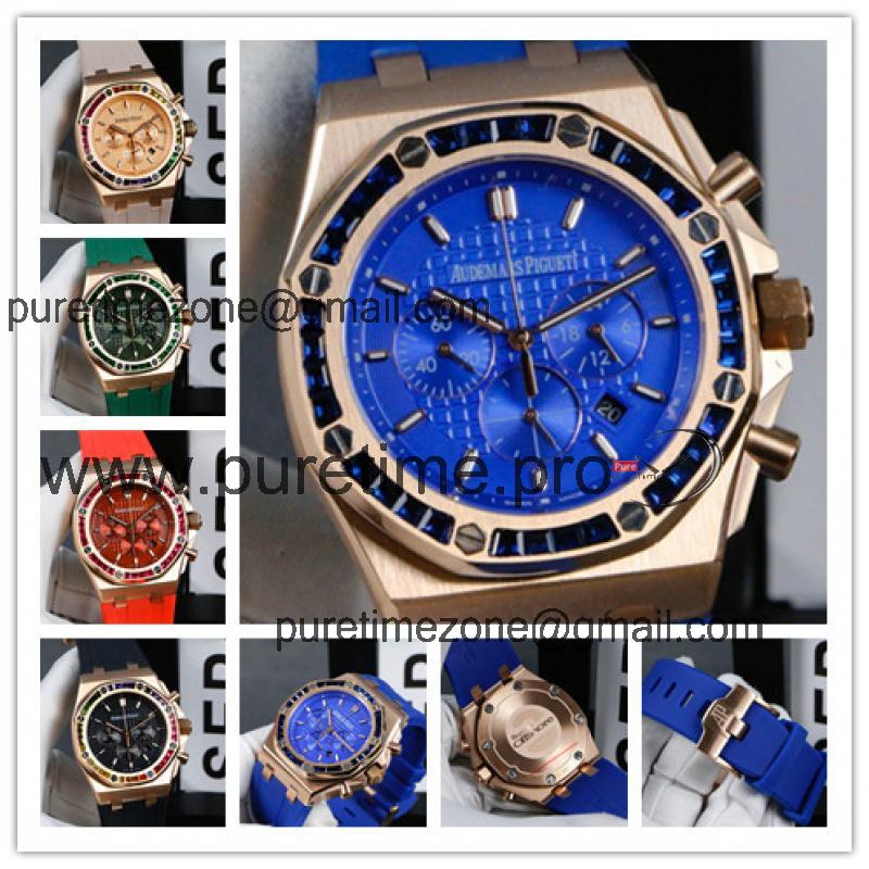 Replica  Royal Oak  Japan Quartz chronograph Movement Mens Watch Blue Dial Rubber Strap  B   E131