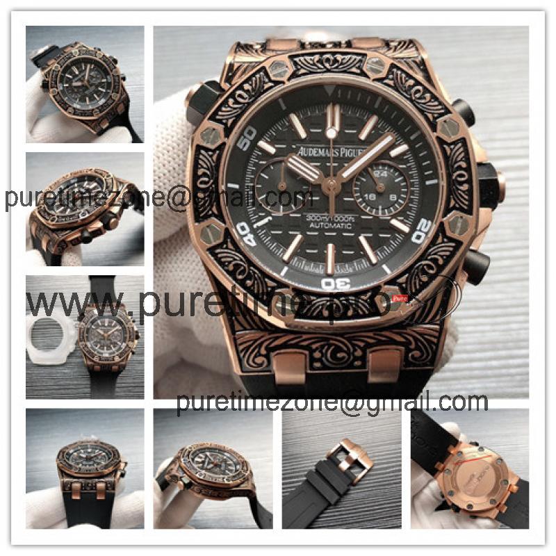 Replica  Royal Oak Japan VK Quartz chronograph  Movement Mens Watch Black  Dial Rubber Strap  E144