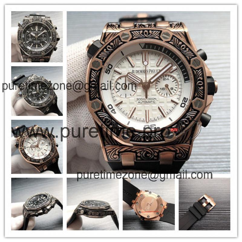 Replica  Royal Oak Japan VK Quartz chronograph  Movement Mens Watch White  Dial Rubber Strap  E145