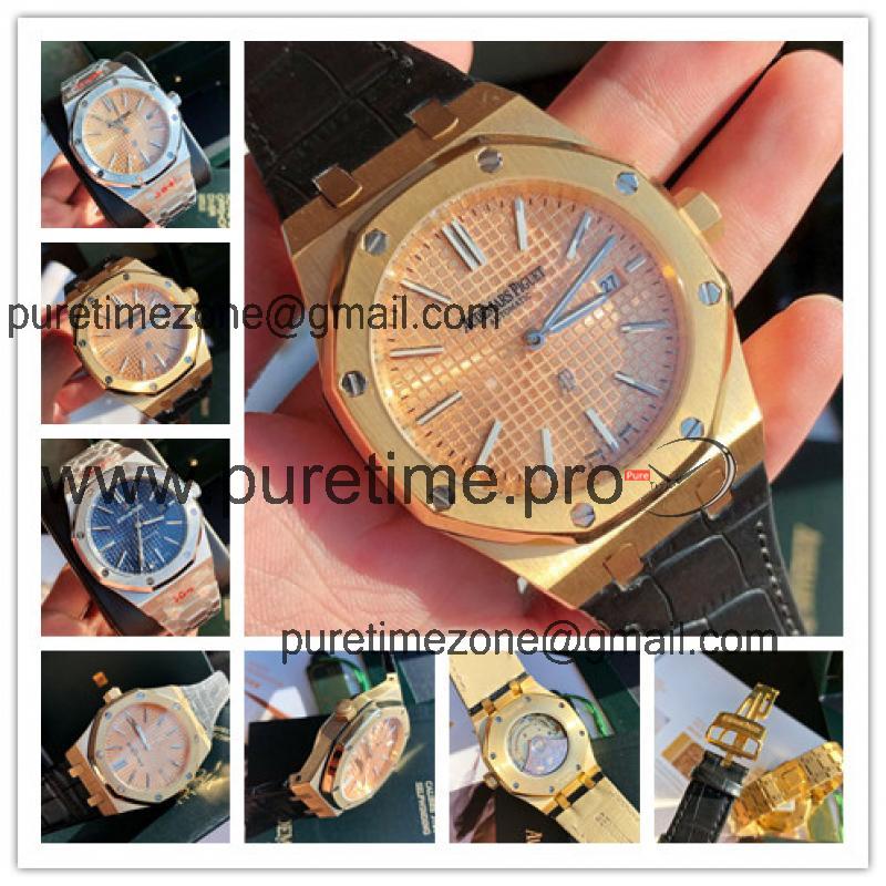 Replica Royal Oak  Miyota A8215 Automatic Movement Mens Watch Champagne Dial Leather Strap D E159