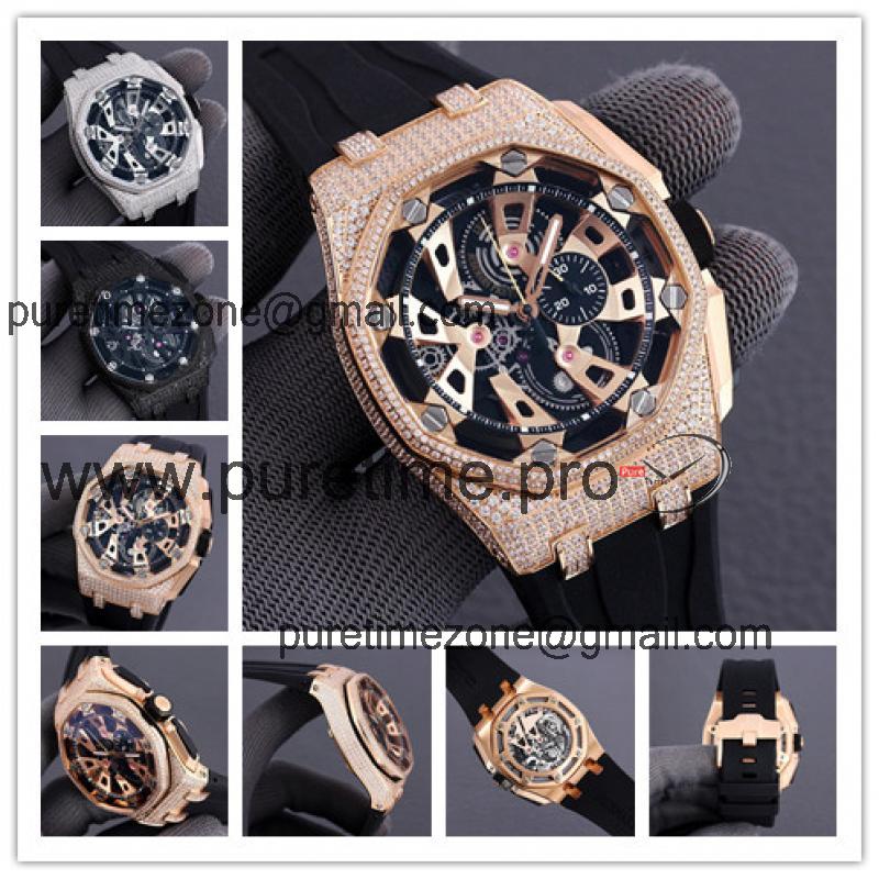 Replica  Royal Oak Japan Quartz chronograph  Movement Mens Watch Skeleton Dial Rubber Strap E188