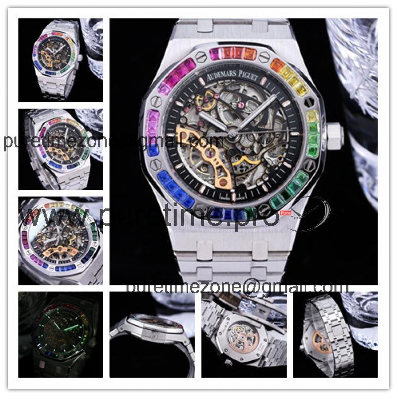 Replica Royal Oak 15407 Rainbow Diamond Bezel Skeleton Dial Stainless Steel Bracelet E207