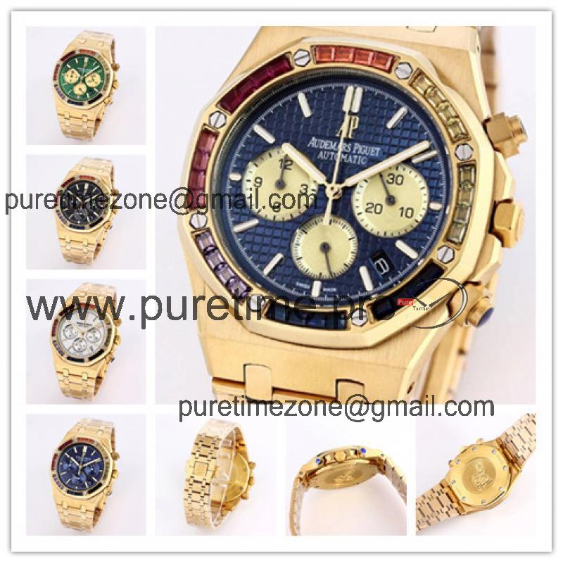 Replica  Royal Oak Japan  Quartz chronograph  Movement Mens Watch Blue Dial  Yellow Gold A A01