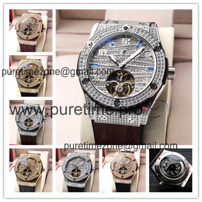 Replica Big Bang A21J  Automatic Movement Mens Watch Full Diamonds Tourbillon Dial Leather Strap G72