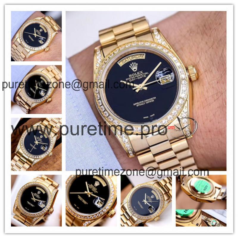 Replica Day-Date A2813 Automatic Movement Mens Watch Black Dial Yellow Gold E03