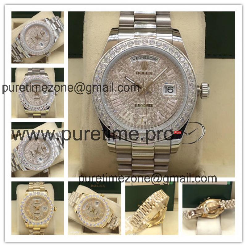 Replica Day-Date A2813 Automatic Movement Mens Watch Full Diamonds Dial Oyster Bracelet SS E17