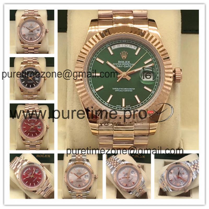 Replica Day-Date A2813 Automatic Movement Mens Watch Green Dial Oyster Bracelet Rose Gold B E21