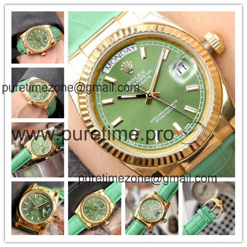 Replica  Day-Date A2813 Automatic Movement Mens Watch Green Dial  Leather Strap E31