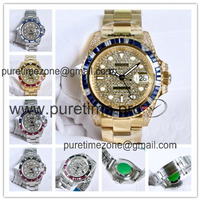 Replica GMT-MASTER A21J Automatic Movement Mens Watch Full Diamonds Dial Oyster Bracelet Yellow Gold E40