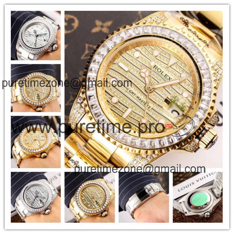 Replica  GMT-Master II  A2813 Automatic  Mens Watch Full Diamonds Dial Oyster Bracelet Yellow Gold E43