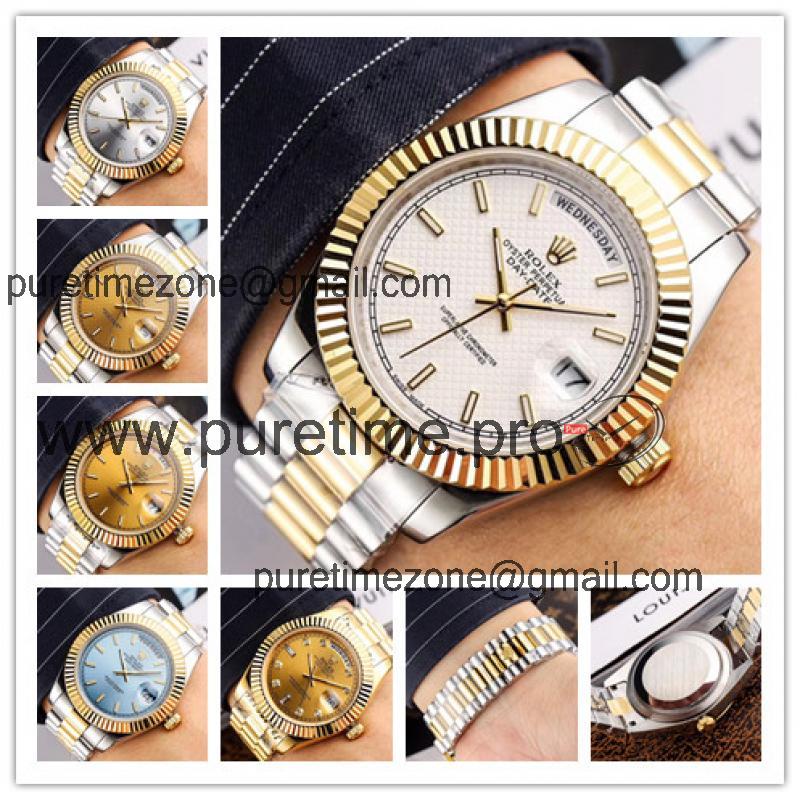 Replica  Day-Date  Miyota 8285 Automatic Movement Mens Watch White  Dial Oyster Bracelet Two Tone Yellow Gold A E45