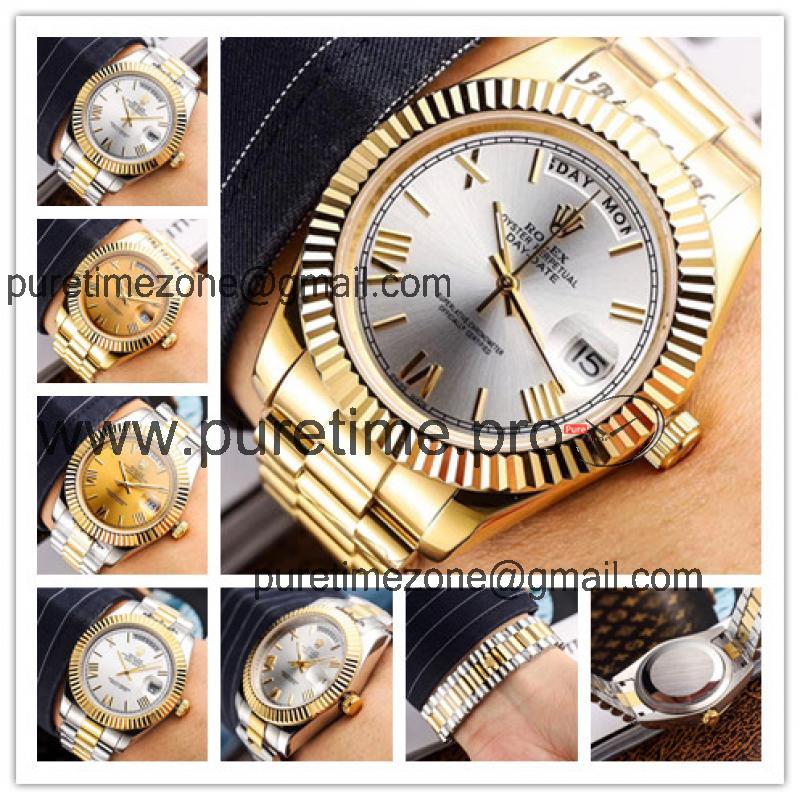 Replica  Day-Date  Miyota 8285 Automatic Movement Mens Watch Silver Dial Oyster Bracelet Yellow Gold C E45