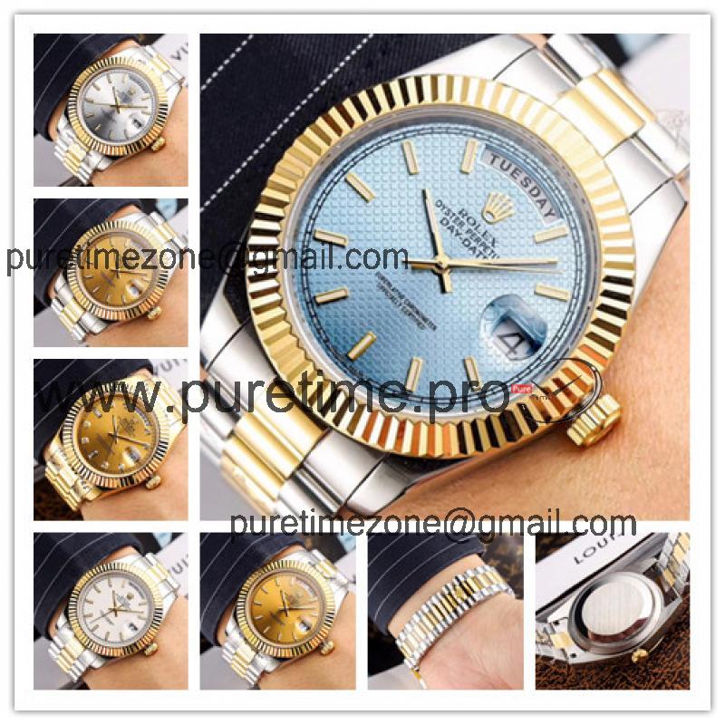 Replica  Day-Date  Miyota 8285 Automatic Movement Mens Watch Ice blue Dial Oyster Bracelet Two Tone Yellow Gold D E45