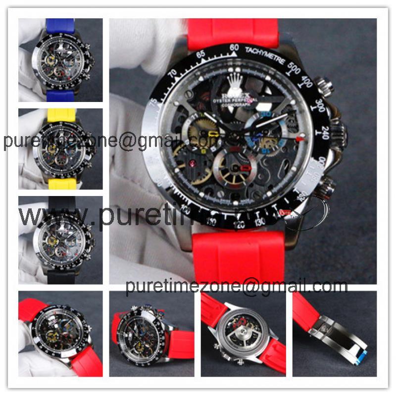 Replica Cosmograph Daytona A21J Automatic Movement Mens Watch Skeleton Dial Rubber Strap A E48