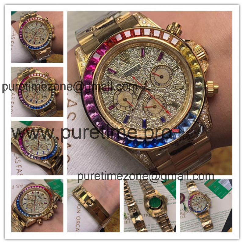 Replica Cosmograph Daytona  A21J Automatic Movement Mens Watch Full Diamonds Dial Oyster Bracelet Yellow Gold  E79