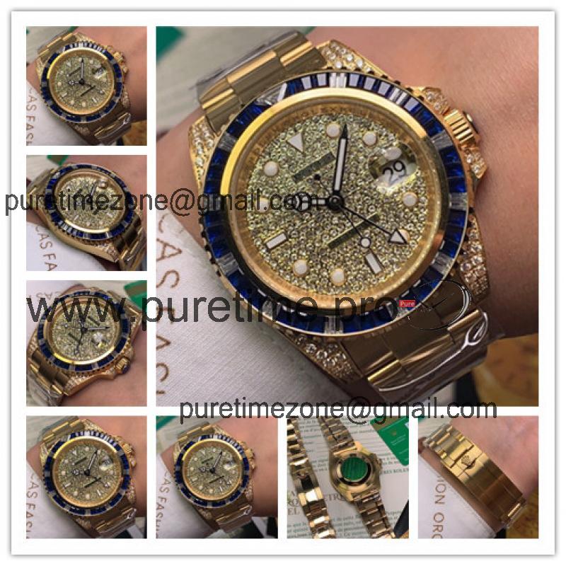 Replica GMT-Master II   A21J Automatic Mens Watch Full Diamonds Dial Oyster Bracelet Yellow Gold  E83