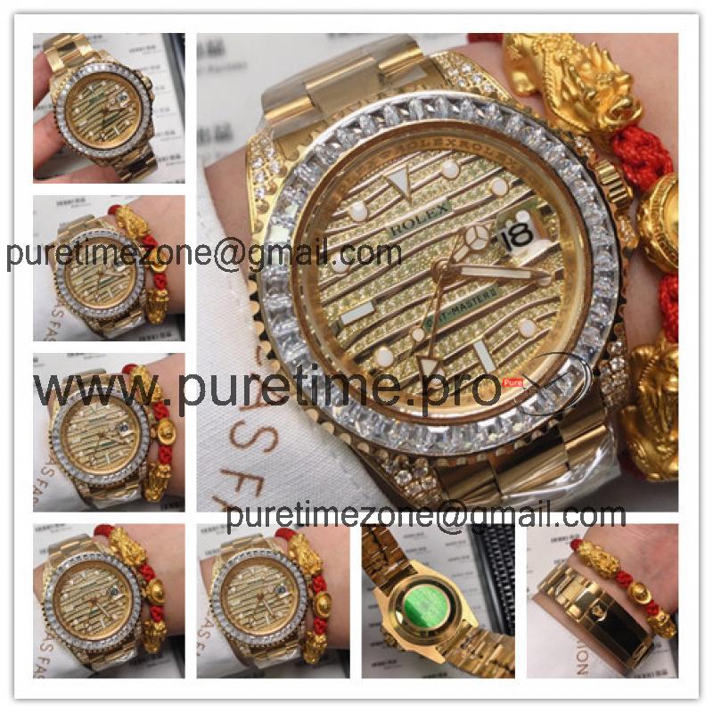 Replica GMT-Master  A21J Automatic Movement Mens Watch Full Diamonds Dial Oyster Bracelet Yellow Gold  E92