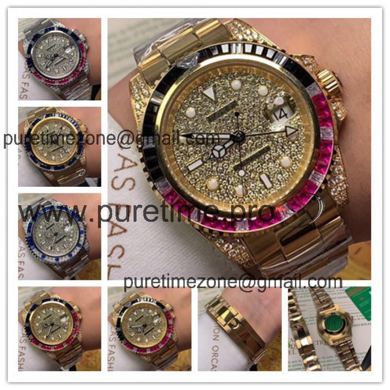 Replica GMT-Master II   A21J Automatic Mens Watch Full Diamonds Dial Oyster Bracelet Yellow Gold E94