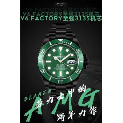 V6F Submariner BLAKEN A3135 Automatic Mens Watch DLC All Black Green Dial Oyster SS Bracelet  Best Edition