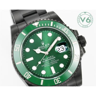 V6F Submariner BLAKEN A3135 Automatic Mens Watch DLC All Black Green Dial Oyster SS Bracelet  Best Edition