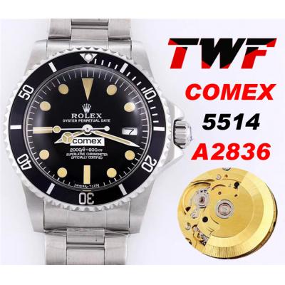 TWF Submariner Comex 5514 A2836 Automatic Mens Watch Black Dial Steel Bracelet Vintage Timepieces Version