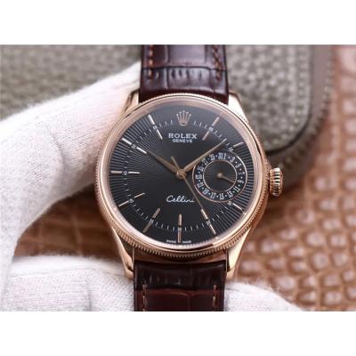 TWF Cellini Date 50515 A3165 Automatic Unisex Watch RG Black Dial Sticks Brown Leather Best Edition