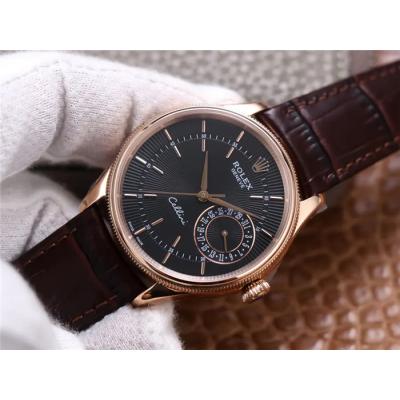 TWF Cellini Date 50515 A3165 Automatic Unisex Watch RG Black Dial Sticks Brown Leather Best Edition