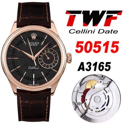 TWF Cellini Date 50515 A3165 Automatic Unisex Watch RG Black Dial Sticks Brown Leather Best Edition