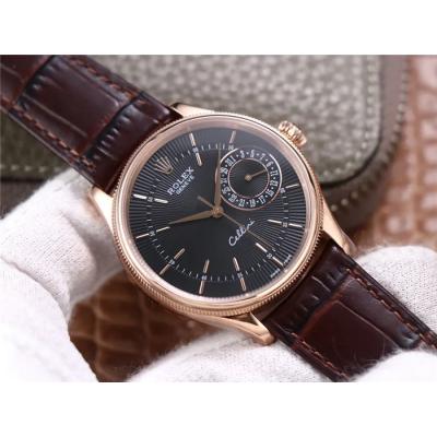 TWF Cellini Date 50515 A3165 Automatic Unisex Watch RG Black Dial Sticks Brown Leather Best Edition