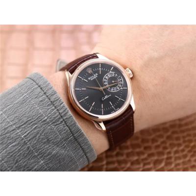 TWF Cellini Date 50515 A3165 Automatic Unisex Watch RG Black Dial Sticks Brown Leather Best Edition