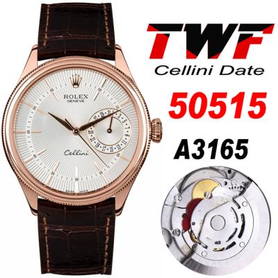 TWF Cellini Date 50515 A3165 Automatic Unisex Watch RG White Dial Sticks Brown Leather Best Edition