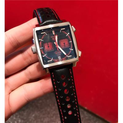 Replica Monaco Quartz Mens Watch black Dial Leather Strap