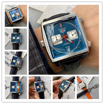 Replica Monaco Japan Quartz chronograph Mens Watch Blue Dial Leather Strap