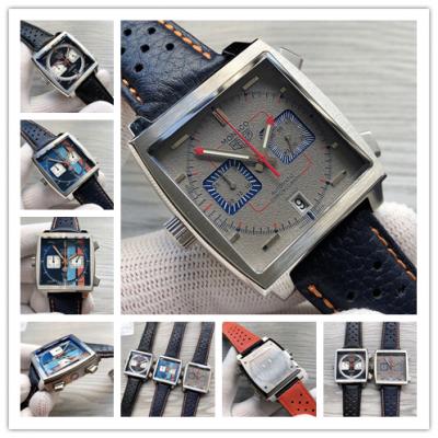 Replica Monaco Japan Quartz chronograph Mens Watch Gray Dial Leather Strap A