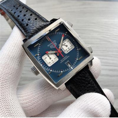 Replica Monaco Japan Quartz chronograph Mens Watch Blue Dial Leather Strap B