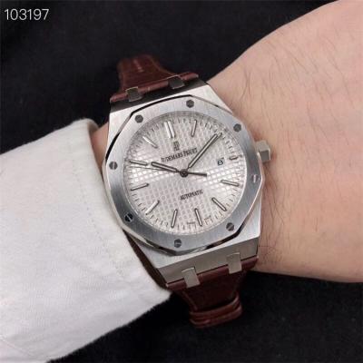 Replica  Royal Oak A21J Automatic Movement   Mens Watch White Dial Leather Strap A E46