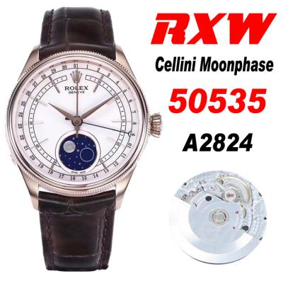 RXWF Cellini 50535 Moonphase A2824 Automatic Mens Watch RG White Dial Brown Leather Best Edition