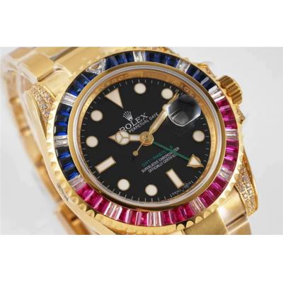 ROF GMT-Master II 116759 A2836 Automatic Mens Watch 18K YG Rainbow Diaminds Bezel Black Dial SS Bracelet Best Edition