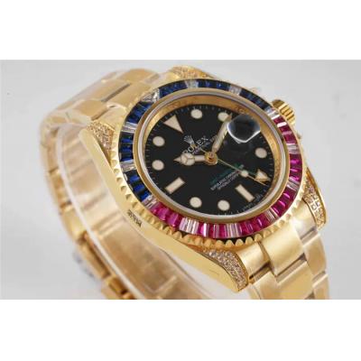 ROF GMT-Master II 116759 A2836 Automatic Mens Watch 18K YG Rainbow Diaminds Bezel Black Dial SS Bracelet Best Edition