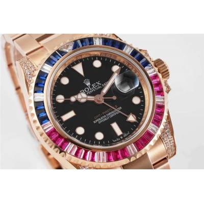 ROF GMT-Master II 116759 A2836 Automatic Mens Watch 18K RG Rainbow Diaminds Bezel Black Dial SS Bracelet Best Edition