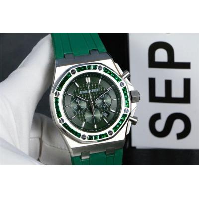 Replica  Royal Oak  Japan Quartz chronograph Movement Mens Watch Green  Dial Rubber Strap  A  E131