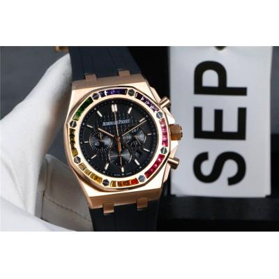 Replica  Royal Oak  Japan Quartz chronograph Movement Mens Watch Blue Dial Rubber Strap  B   E131