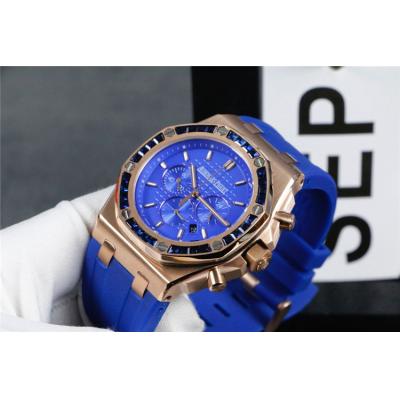 Replica  Royal Oak  Japan Quartz chronograph Movement Mens Watch Blue Dial Rubber Strap  B   E131