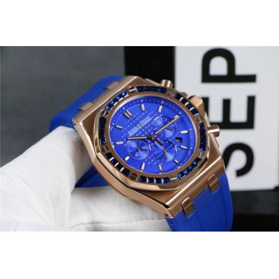 Replica  Royal Oak  Japan Quartz chronograph Movement Mens Watch Blue Dial Rubber Strap  B   E131