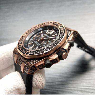 Replica  Royal Oak Japan VK Quartz chronograph  Movement Mens Watch Black  Dial Rubber Strap  E144