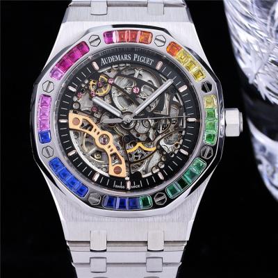 Replica Royal Oak 15407 Rainbow Diamond Bezel Skeleton Dial Stainless Steel Bracelet E207