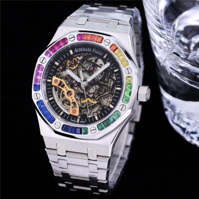 Replica Royal Oak 15407 Rainbow Diamond Bezel Skeleton Dial Stainless Steel Bracelet E207