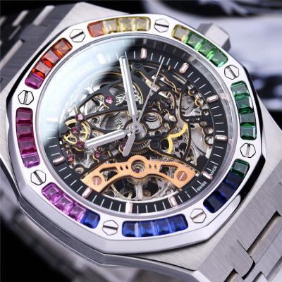 Replica Royal Oak 15407 Rainbow Diamond Bezel Skeleton Dial Stainless Steel Bracelet E207